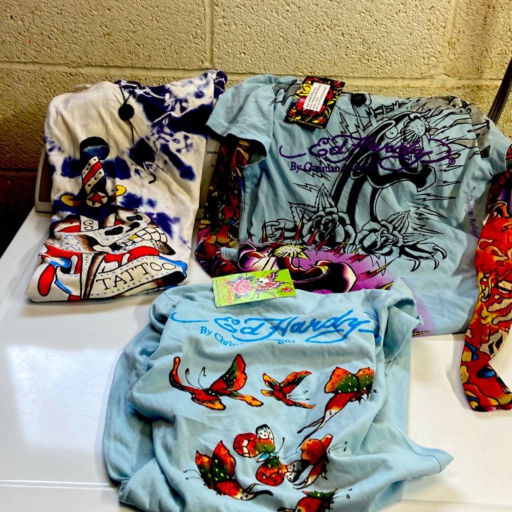 3 brand new Ed Hardy Tees 2 long sleeves 1 short sleeve